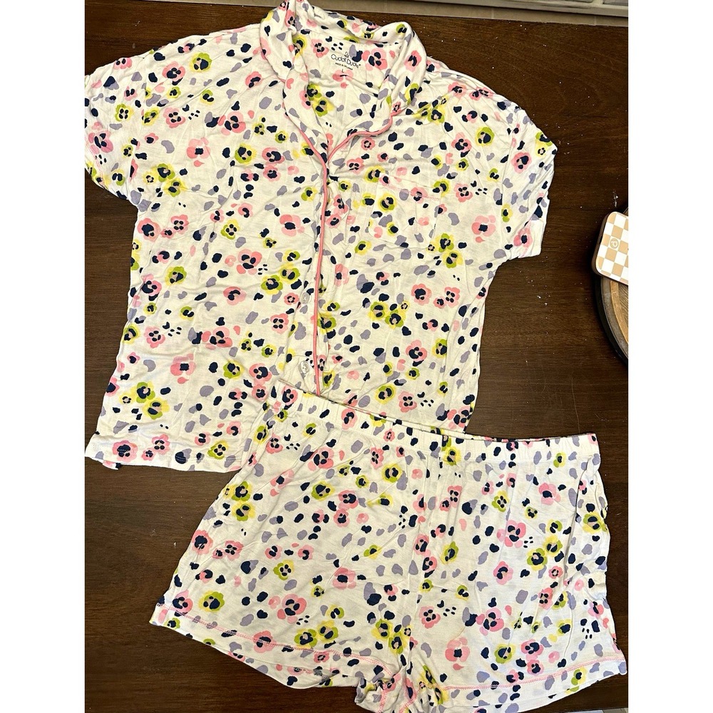 Cuddl Duds Women's Sz L Button-Front Collared Short Sleeve Shorts Set Hearts